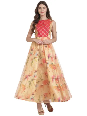 Women Peach Printed Dupion Anarkali With Two Tone Pink Dupion Silk Yoke With Gota Work With All Over Sequenced Layered Net