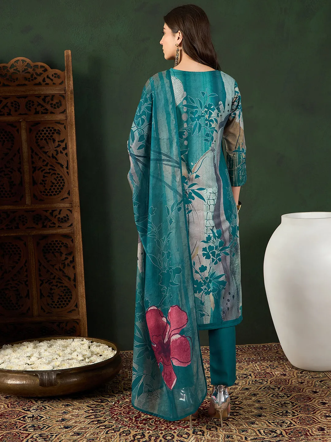 Women Teal Silk Blend Floral Printed Straight Kurta Trouser With Dupatta