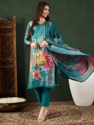 Women Teal Silk Blend Floral Printed Straight Kurta Trouser With Dupatta