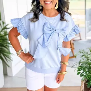 Women's Contrast Color Bow Ruffle Sleeve Top