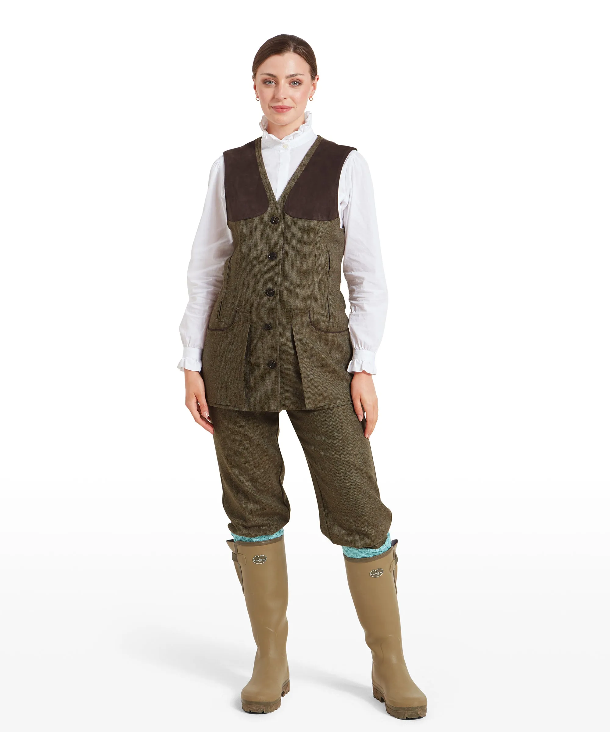 Women's Tweed Shooting Vest - Loden Green Herringbone Tweed